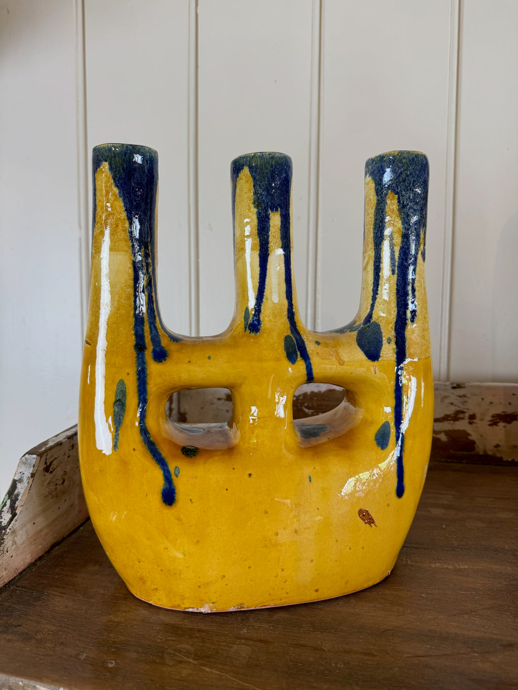 Large triple neck blue/yellow drippy vase