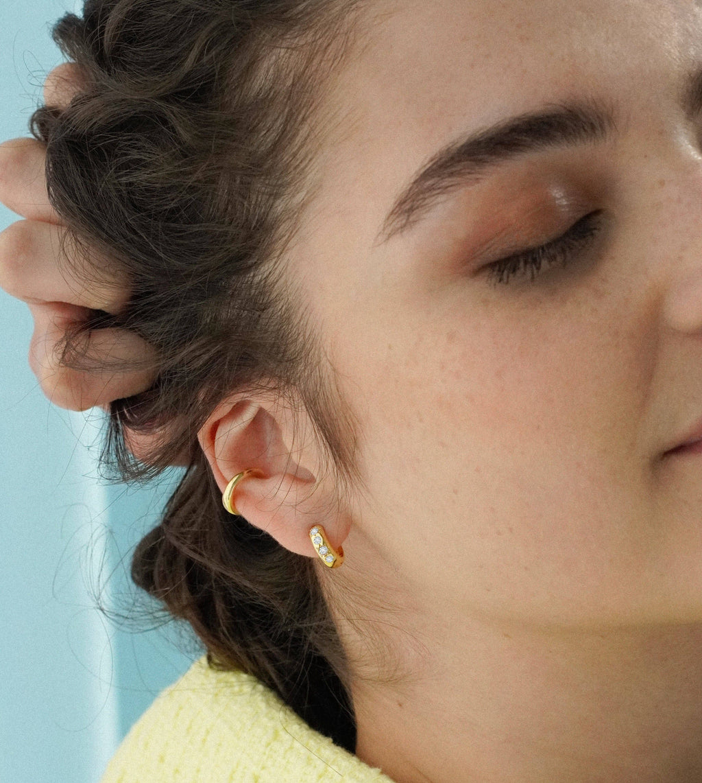 White Stone Petite Hoop Earrings Gold