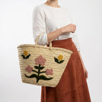 Floral Embroidered Straw Market Basket