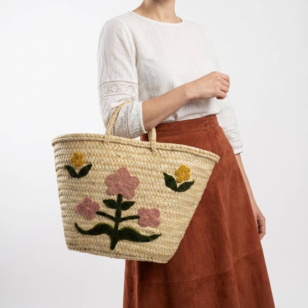 Floral Embroidered Straw Market Basket