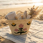 Floral Embroidered Straw Market Basket