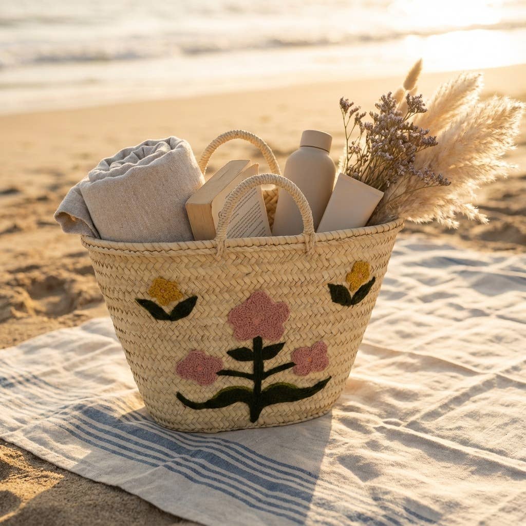 Floral Embroidered Straw Market Basket