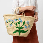 Woven Straw Blue Floral Market Basket