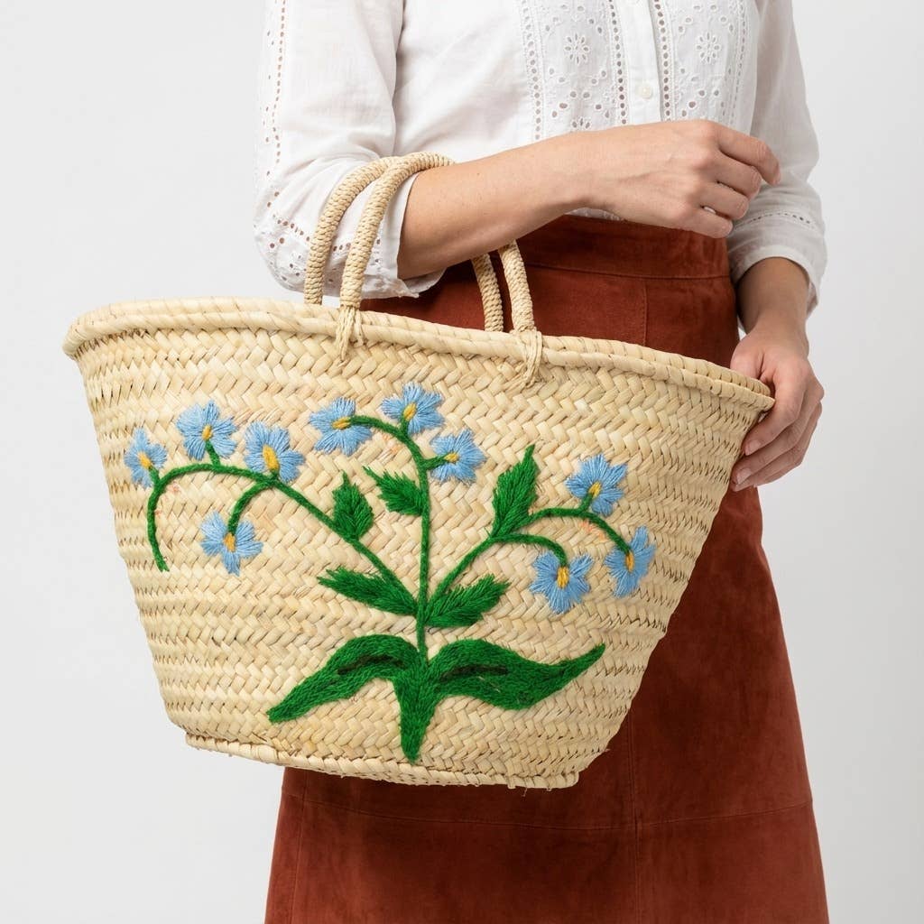 Woven Straw Blue Floral Market Basket