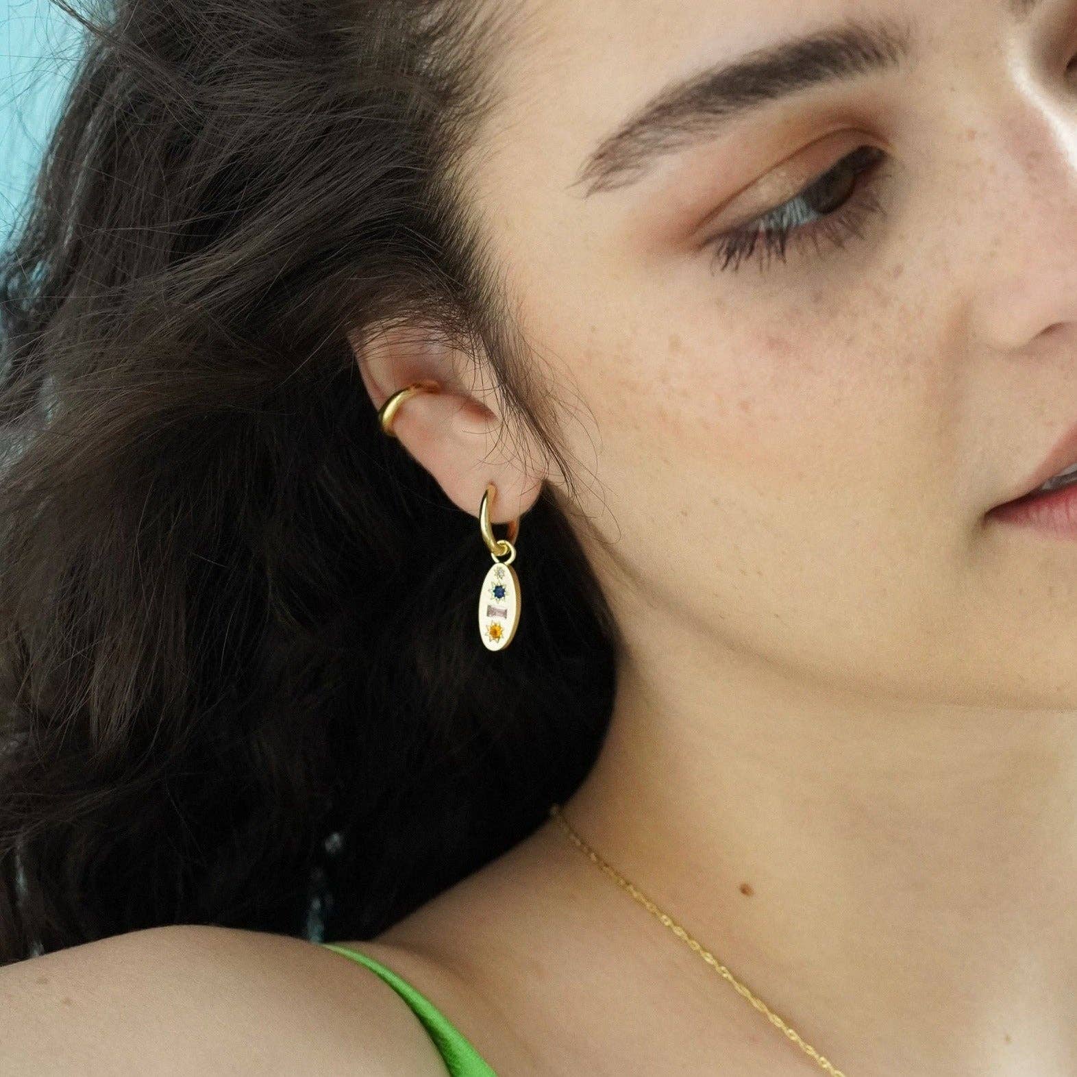 Midnight Gemstone Charm Hoop Earrings Gold