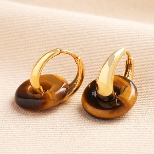 Tigers Eye Huggie Hoop Earring Gold