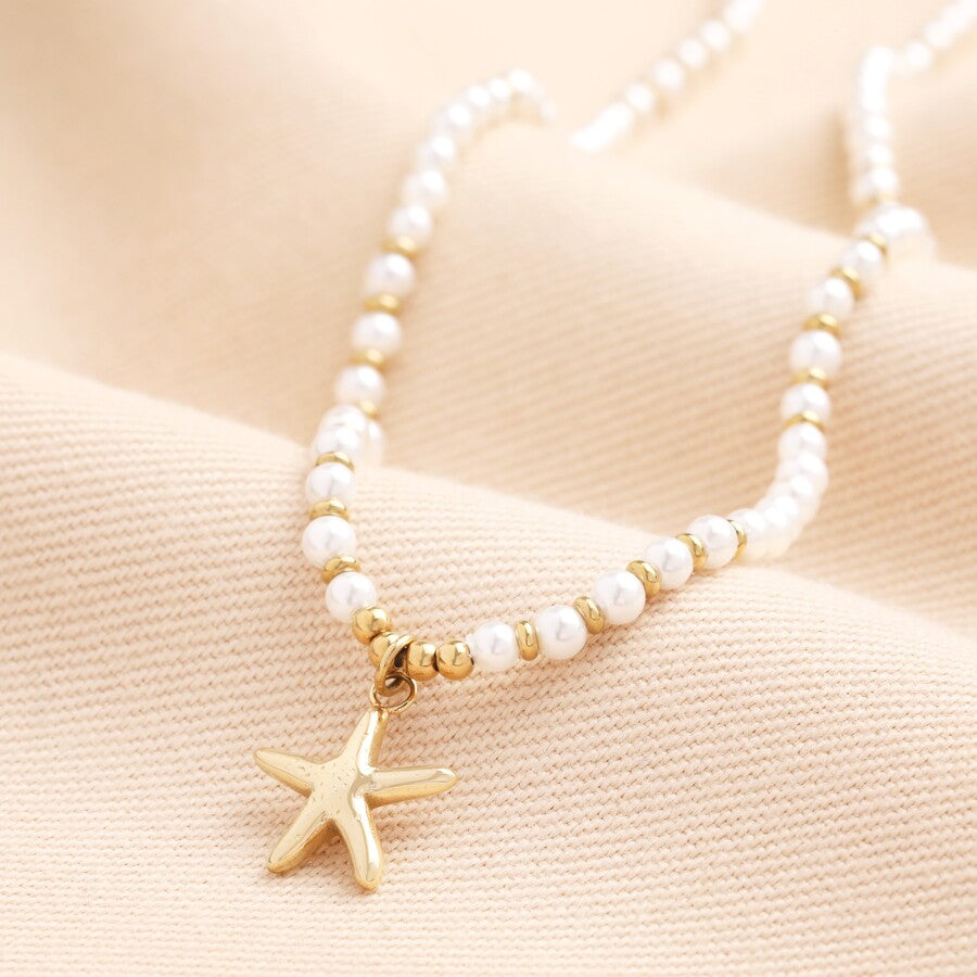 Stainless Steel Beaded Pearl Starfish Necklace
